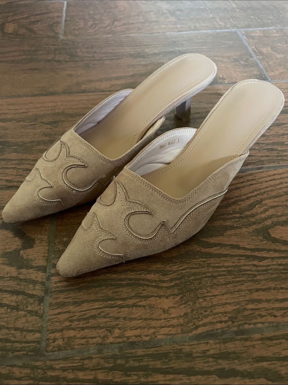 Pointed-Toe Suede Slip-On Mules in Taupe